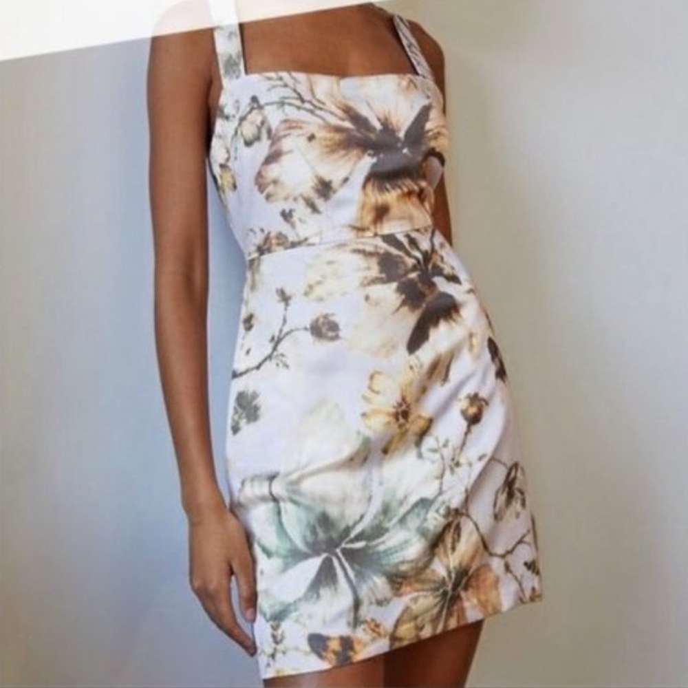 Babaton White Floral Mini Dress with Green and Brown Accents